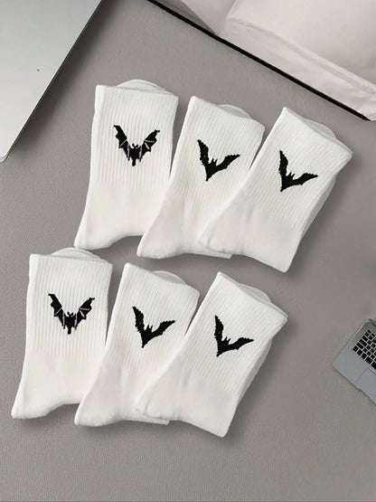 Women's Bat Pattern Mid-Calf Socks, 6 Pairs, Comfortable and Stylish, Perfect for Daily Wear