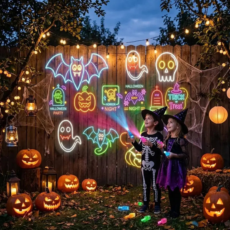 24Pcs Plastic LED Finger Projection Light Set with Halloween Patterns, Creepy Accessories for Halloween Costume, Spooky Glow Finger Flashlights Bulk with Included Cells, Kids Party Favors for Trick-or-Treat Events