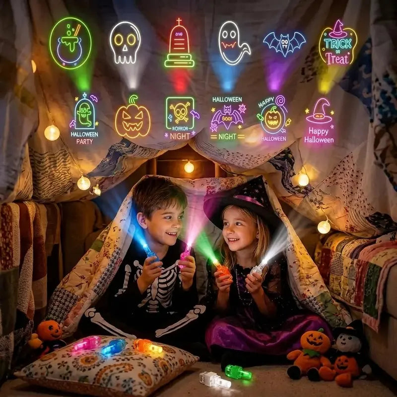 24Pcs Plastic LED Finger Projection Light Set with Halloween Patterns, Creepy Accessories for Halloween Costume, Spooky Glow Finger Flashlights Bulk with Included Cells, Kids Party Favors for Trick-or-Treat Events