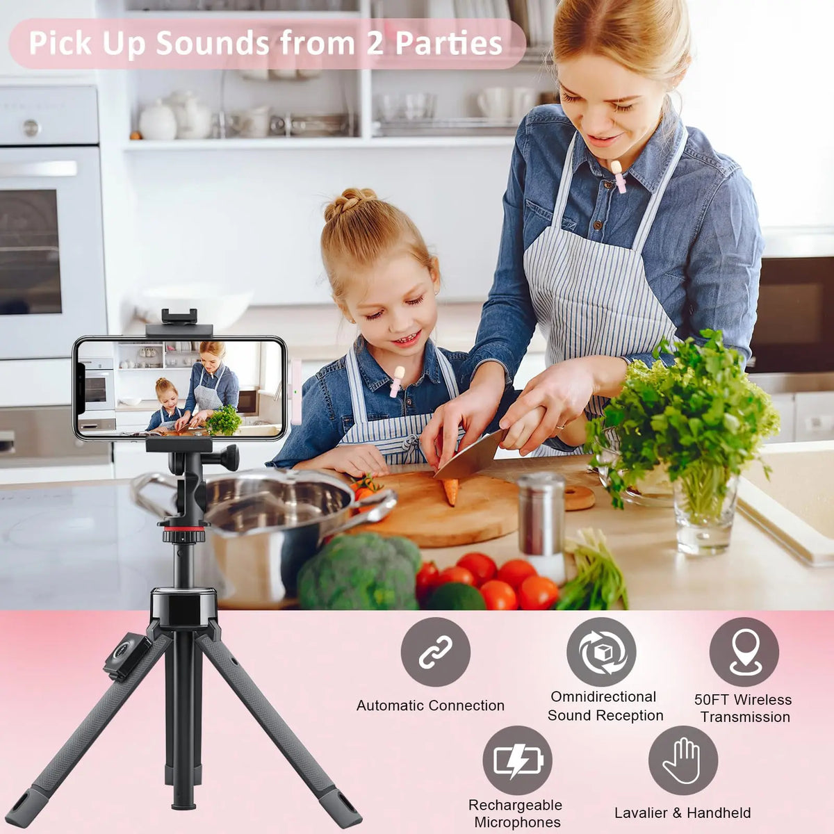 Pink Wireless Lavalier Microphone  for iPhone/Android, Noise Cancelling Mini Lapel Mic for Vlogging & Interview