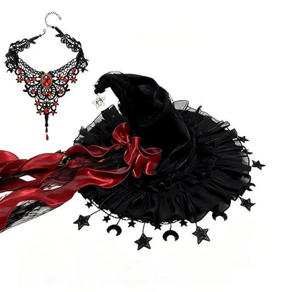 2-Piece Gothic Witch Hat & Moon Star Necklace Set – Starry Tulle Halloween Party Accessories