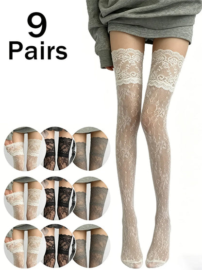 🖤✨ Women’s Sexy Lace Floral Fishnet Thigh High Stockings, Breathable Nylon Over-The-Knee Socks, 1/3/9 Pairs Pack 🧦🌹