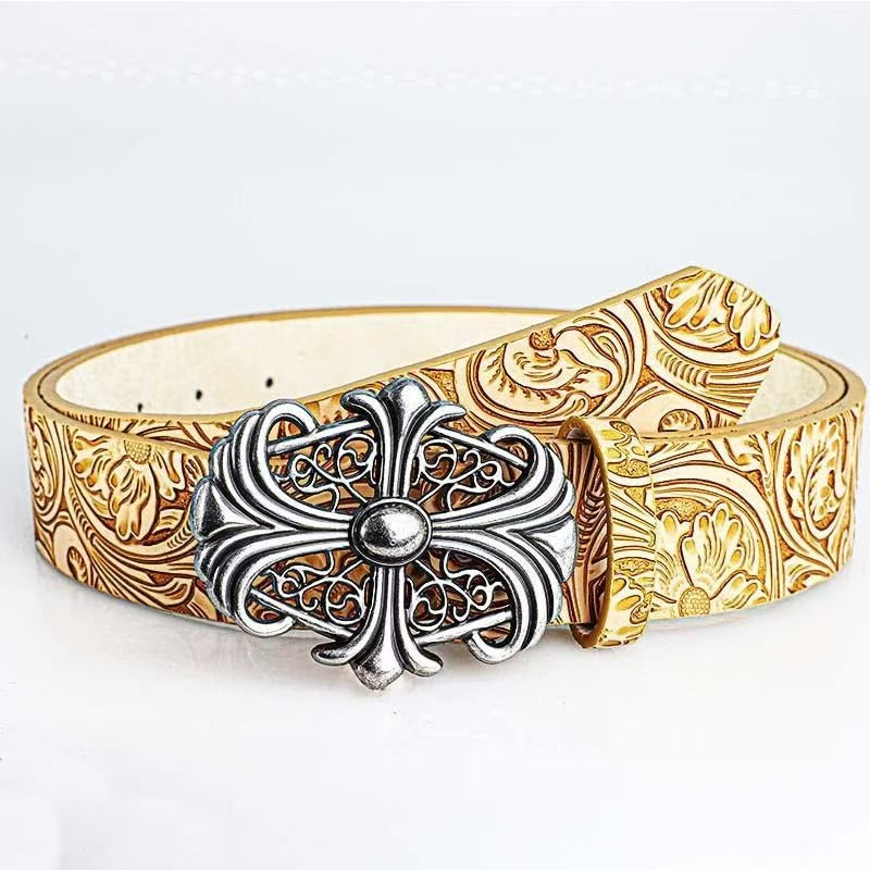 Boho Faux Leather Western Belt with Cross Buckle, Gothic Cowboy Belt for Men & Women