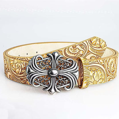 Boho Faux Leather Western Belt with Cross Buckle, Gothic Cowboy Belt for Men & Women