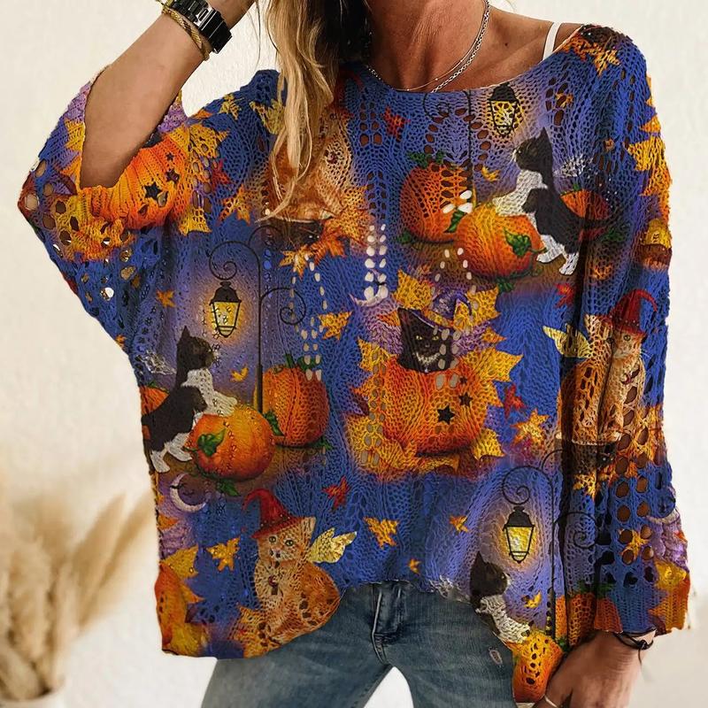 Women’s Halloween Pumpkin & Bat Crochet Knit Pullover, Long Sleeve Open-Knit Sweater, Relaxed Fit Casual Fall Top