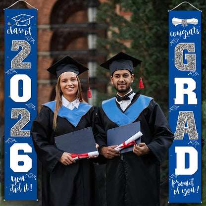 Class of 2026 Graduation Door Hanger, Blue & Silver Congrats Grad Porch Banner, Graduation Party Decoration