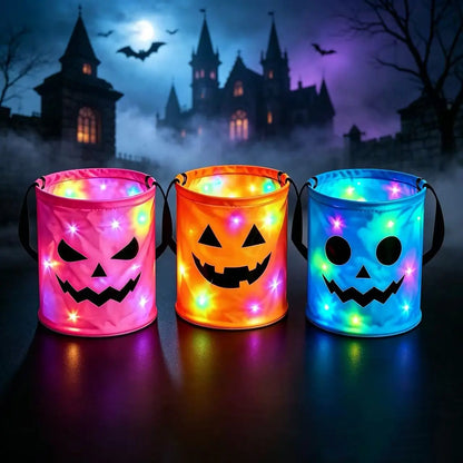 LED Halloween Pumpkin Candy Buckets & Goodie Bags, Reusable Trick-or-Treat Gift Set for Kids