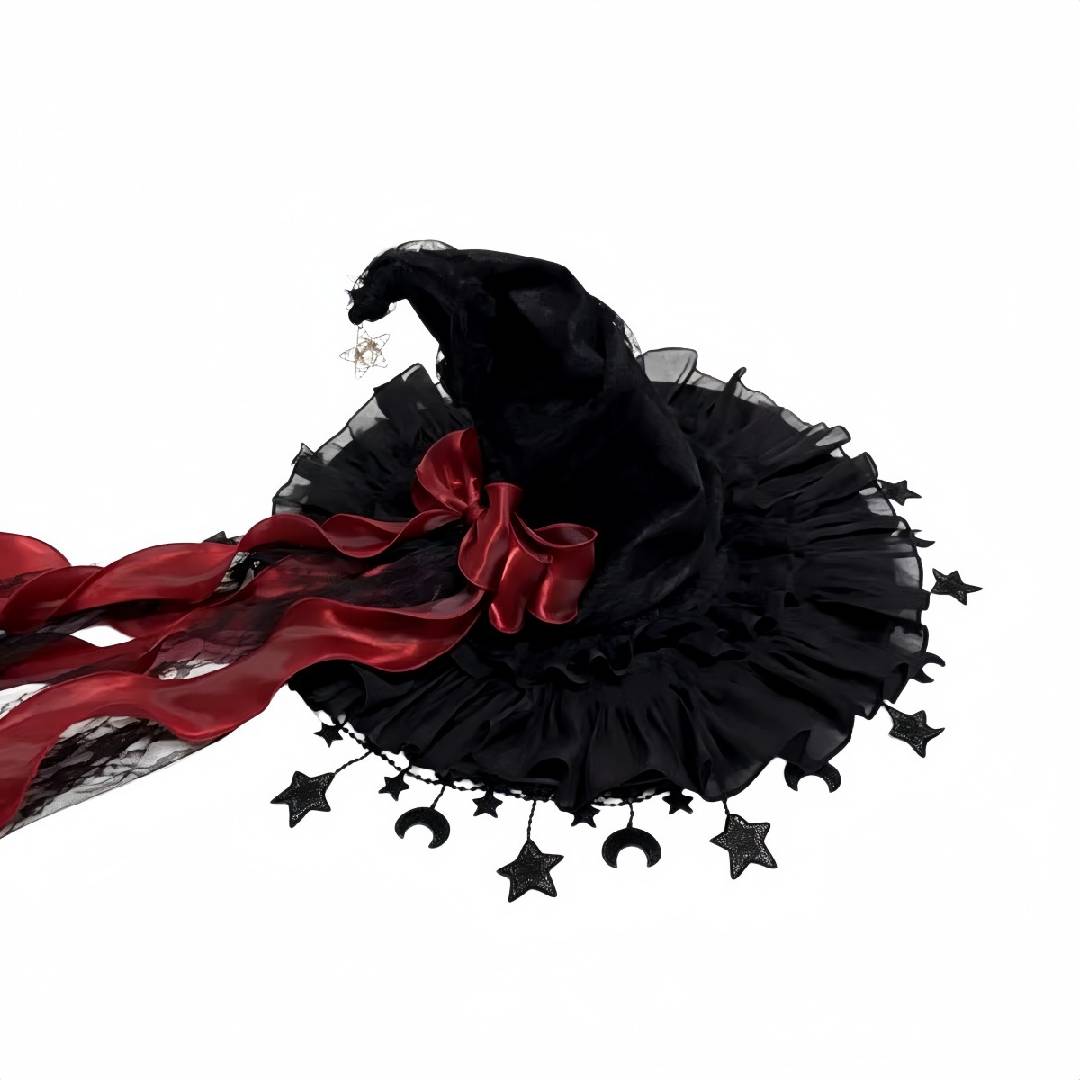 2-Piece Gothic Witch Hat & Moon Star Necklace Set – Starry Tulle Halloween Party Accessories