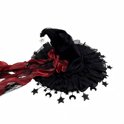 2-Piece Gothic Witch Hat & Moon Star Necklace Set – Starry Tulle Halloween Party Accessories