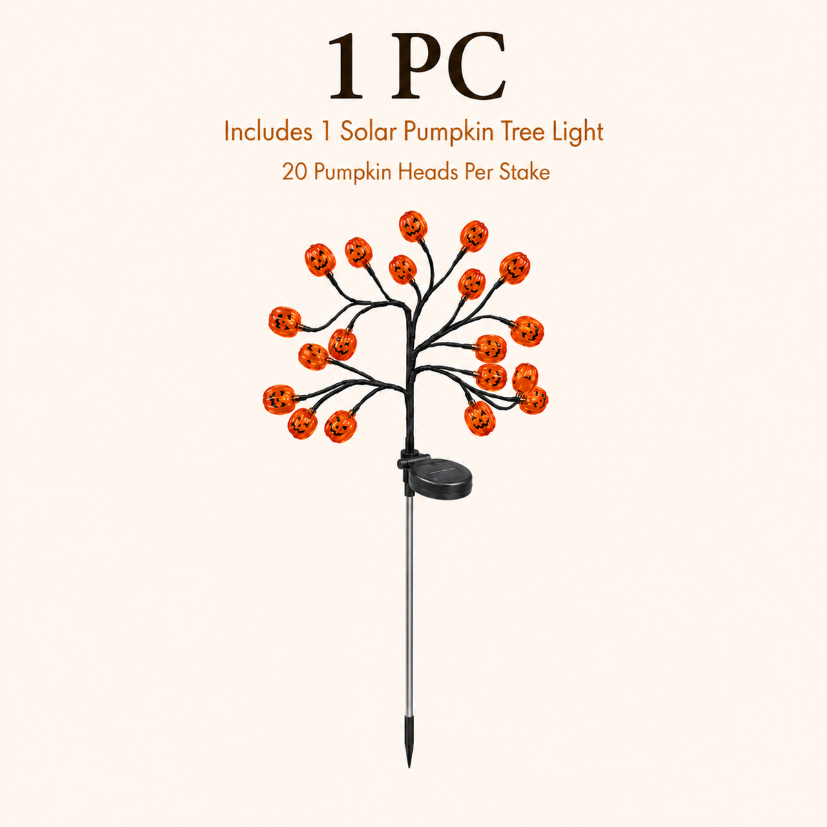 Solar Halloween Pumpkin Tree Stake Lights, 20-Head Jack-O’-Lantern Outdoor Yard Decor with Flashing Modes
