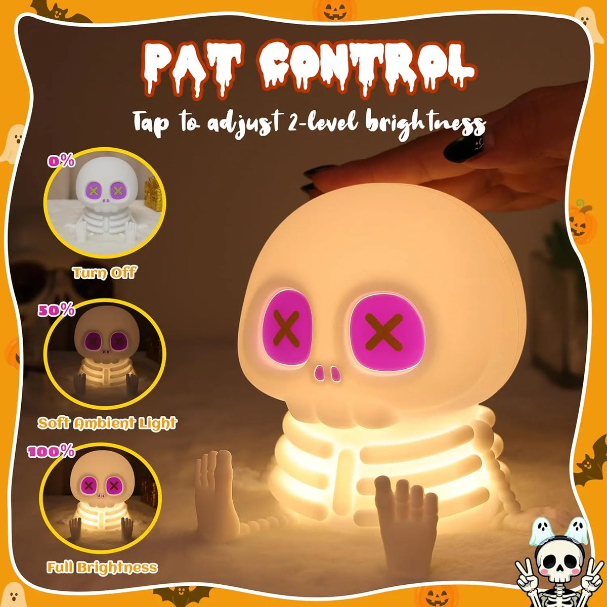 Halloween Skull Night Light, Silicone Skeleton Touch Lamp with Adjustable Warm Light for Room Decor & Gifts