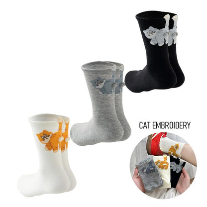 3-Pack Funny Cat Socks for Women – Soft Cotton Mid-Calf Socks with Cute 3D Pompoms, Cozy Gift for Cat Lovers