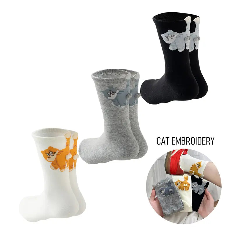 3-Pack Funny Cat Socks for Women – Soft Cotton Mid-Calf Socks with Cute 3D Pompoms, Cozy Gift for Cat Lovers