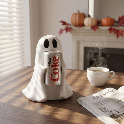 Halloween Ghost Holding Drink Resin Figurine, Cute Spooky Desk Decor & Holiday Gift