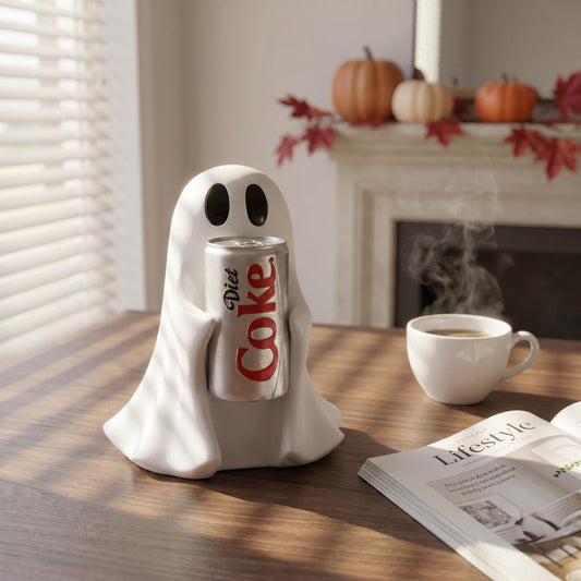 Halloween Ghost Holding Drink Resin Figurine, Cute Spooky Desk Decor & Holiday Gift