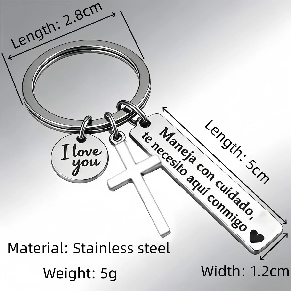 Maneja Con Cuidado Te Necesito Aquí Conmigo Keychain with Cross & "I Love You" Charm, Spanish Drive Safe Stainless Steel Keyring, Romantic Religious Gift for Him/Her Adjustable Heart Rate Couples Bracelet Set Rotating Retractable Reading Badge Holder, Key