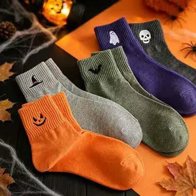 5 Pairs Women's Halloween Embroidered Crew Socks, Cozy Pumpkin, Ghost, Witch & Bat Designs, Soft Warm Fall Winter Socks