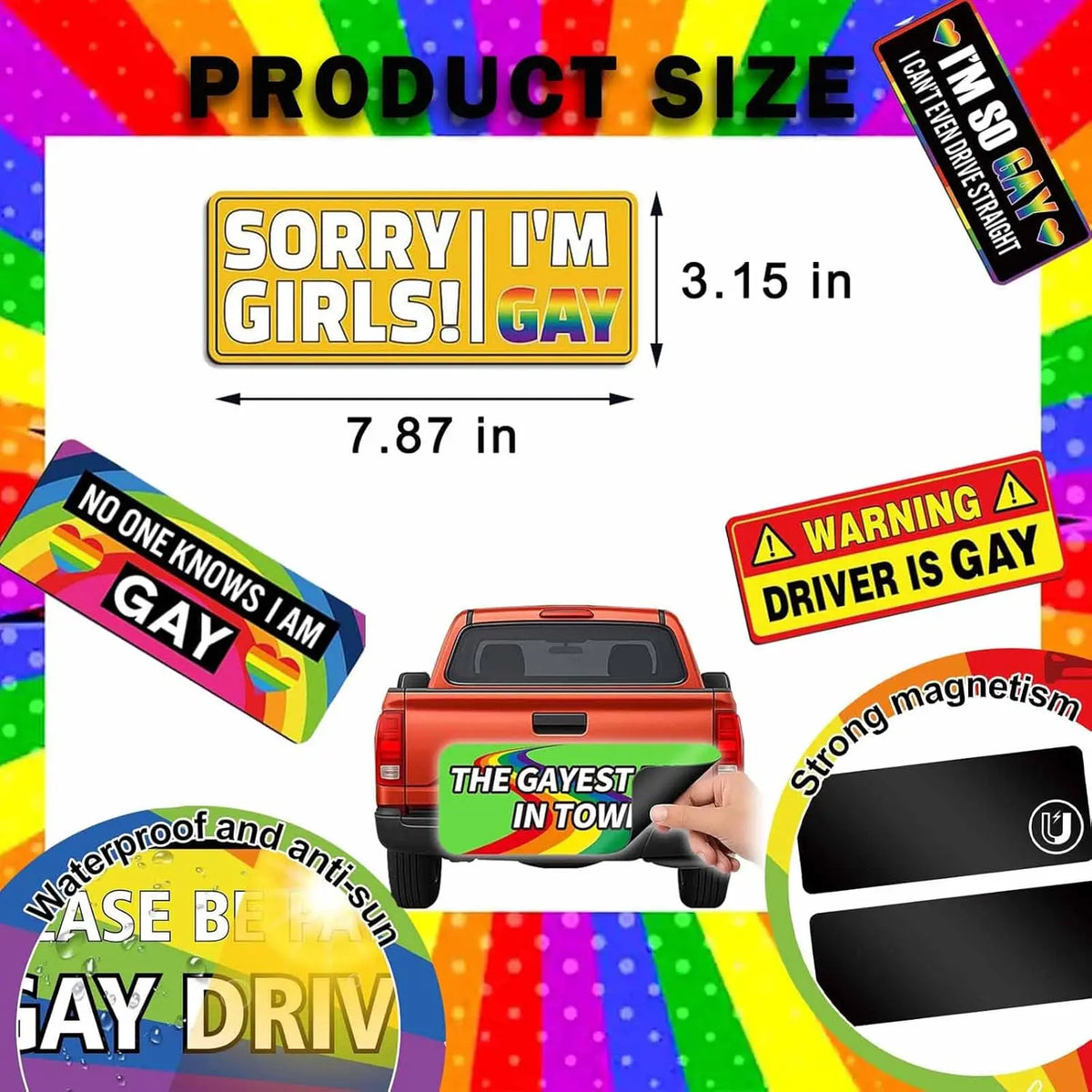 Funny Pride Rainbow Car Magnet, Reusable LGBTQ+ Bumper Magnet, 7.8 x 3.1 in, Cute Car, Truck & Fridge Decoration