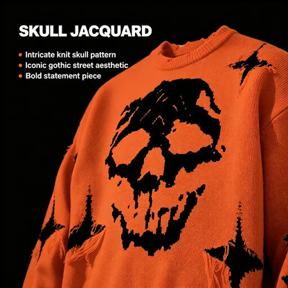 Distressed Fringe Knit Sweater – Oversized Orange Skull Jacquard Pullover with Ripped Details, Y2K Gothic Streetwear Style