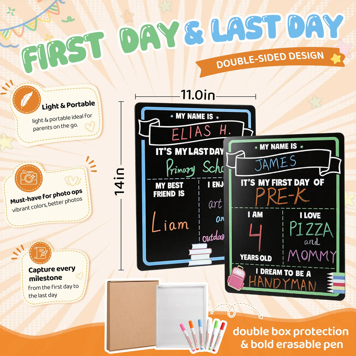 Reusable First & Last Day of School Chalkboard Sign for Kids, Back to School Photo Prop