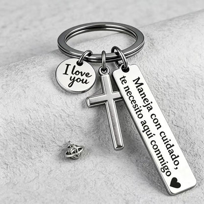 Spanish "Te Necesito Aquí Conmigo" Religious Drive Safe Keyring for Him/Her