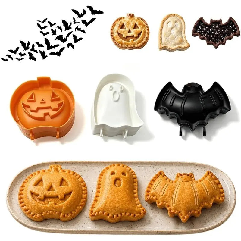 🎃👻 3-Pack Halloween Hand Pie Molds, Pumpkin, Ghost & Bat Press Cutters for Fall Baking 🦇🥧