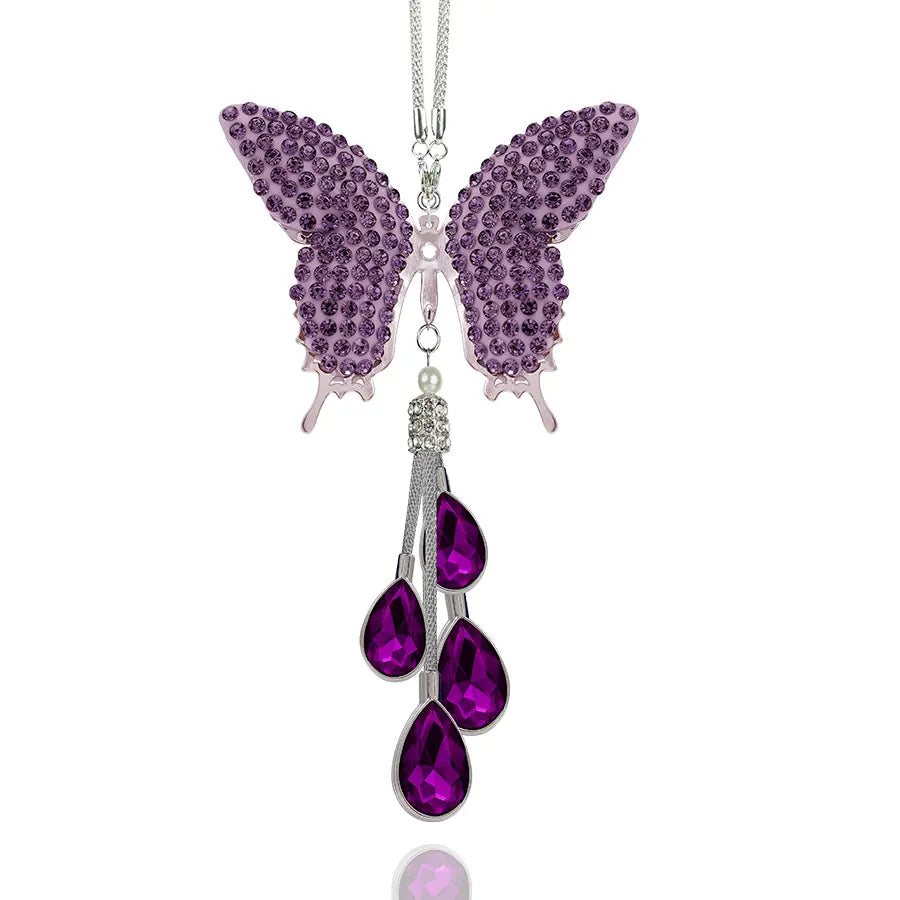 Bling Crystal Butterfly Car Charm, Rhinestone & Pearl Rearview Mirror Pendant, Cute Girly Car Hanging Decoration