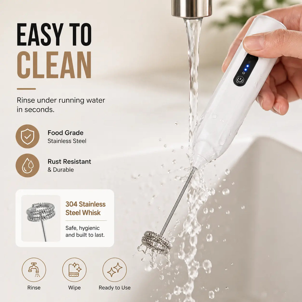 Electric Handheld Milk Frother – USB-C Rechargeable Stainless Steel Foam Maker