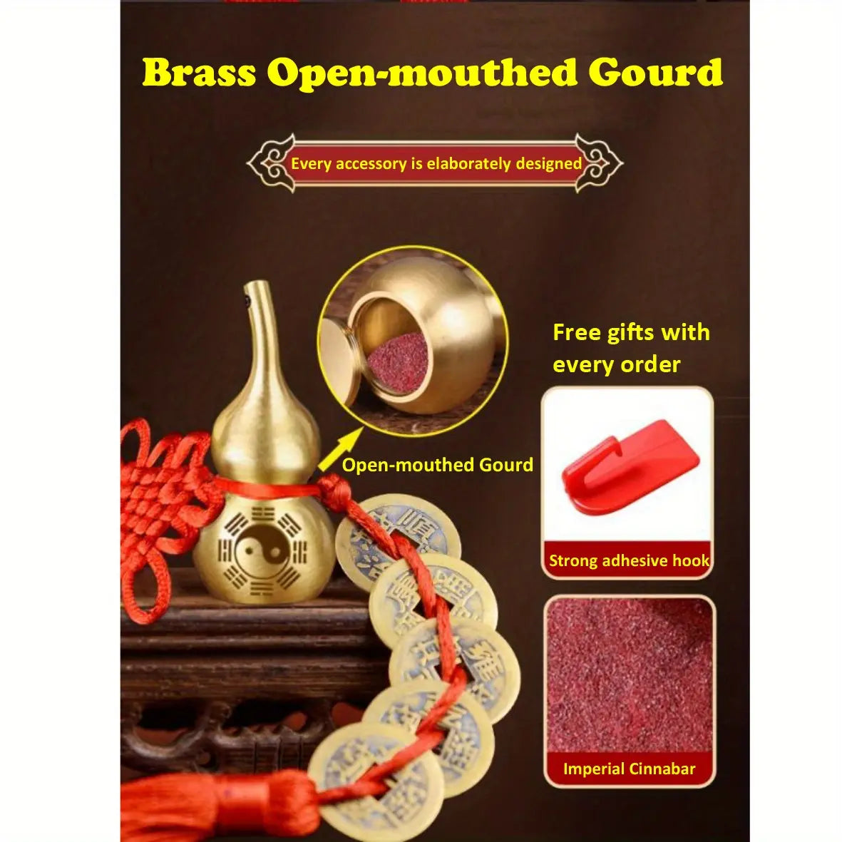 Brass 5-Emperor Coins Feng Shui Gourd Set, Wealth Protection Amulet & Chinese New Year Decor