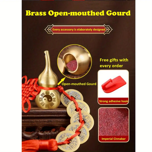 Brass 5-Emperor Coins Feng Shui Gourd Set, Wealth Protection Amulet & Chinese New Year Decor