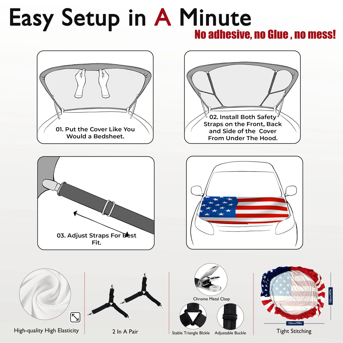 American Flag Car Hood Cover – Memorial & Independence Day Commemorative Edition with Dual Triangle Clips