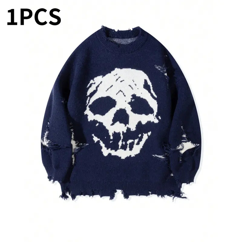 Distressed Fringe Knit Sweater – Oversized Orange Skull Jacquard Pullover with Ripped Details, Y2K Gothic Streetwear Style