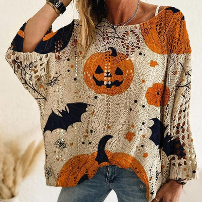 Women’s Halloween Pumpkin & Bat Crochet Knit Pullover, Long Sleeve Open-Knit Sweater, Relaxed Fit Casual Fall Top