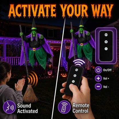 Animated Hovering Witch Animatronic, Scary Halloween Decoration with Sound & Touch Sensors, Indoor Outdoor Haunted House, Garden & Lawn Decor