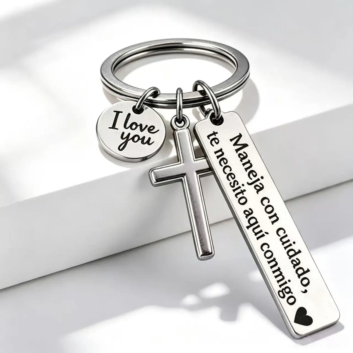 Spanish "Te Necesito Aquí Conmigo" Religious Drive Safe Keyring for Him/Her