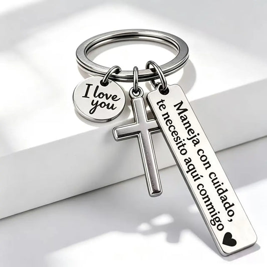 Maneja Con Cuidado Te Necesito Aquí Conmigo Keychain with Cross & "I Love You" Charm, Spanish Drive Safe Stainless Steel Keyring, Romantic Religious Gift for Him/Her Adjustable Heart Rate Couples Bracelet Set Rotating Retractable Reading Badge Holder, Key