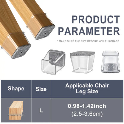 Square Chair Leg Floor Protectors, Clear Silicone Felt Pads for Hardwood Floors & Noise Reduction