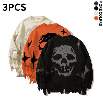 Distressed Fringe Knit Sweater – Oversized Orange Skull Jacquard Pullover with Ripped Details, Y2K Gothic Streetwear Style