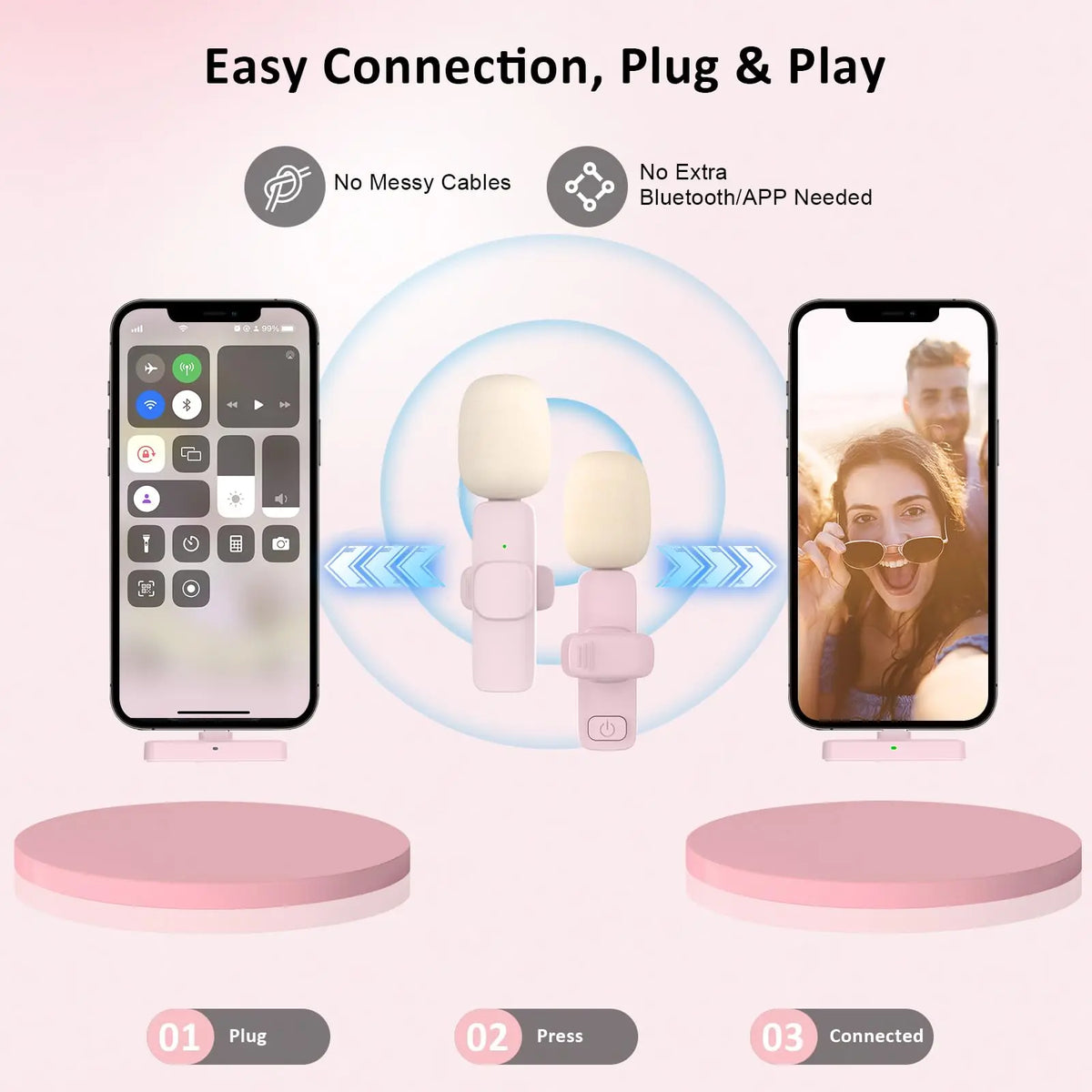 Pink Wireless Lavalier Microphone  for iPhone/Android, Noise Cancelling Mini Lapel Mic for Vlogging & Interview