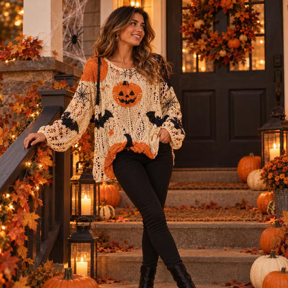 Women’s Halloween Pumpkin & Bat Crochet Knit Pullover, Long Sleeve Open-Knit Sweater, Relaxed Fit Casual Fall Top