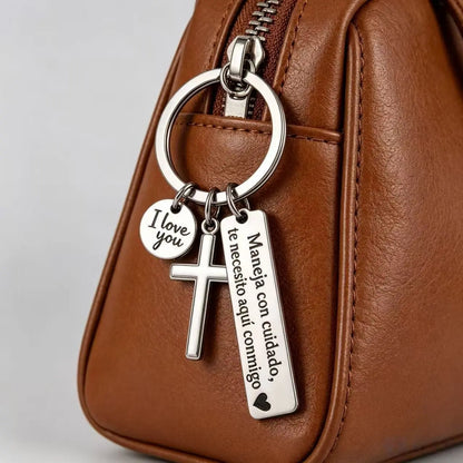 Maneja Con Cuidado Te Necesito Aquí Conmigo Keychain with Cross & "I Love You" Charm, Spanish Drive Safe Stainless Steel Keyring, Romantic Religious Gift for Him/Her Adjustable Heart Rate Couples Bracelet Set Rotating Retractable Reading Badge Holder, Key