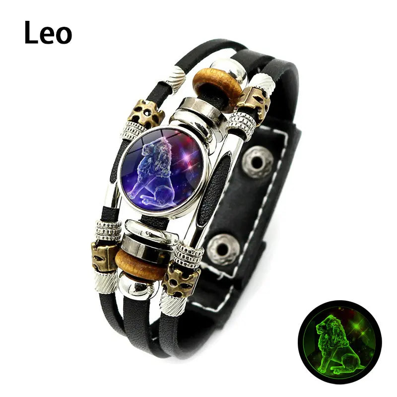 Glow-in-the-Dark Zodiac Leather Bracelet – 12 Sign Astrology Jewelry