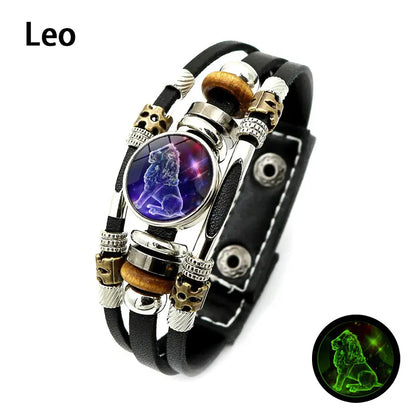 Glow-in-the-Dark Zodiac Leather Bracelet – 12 Sign Astrology Jewelry