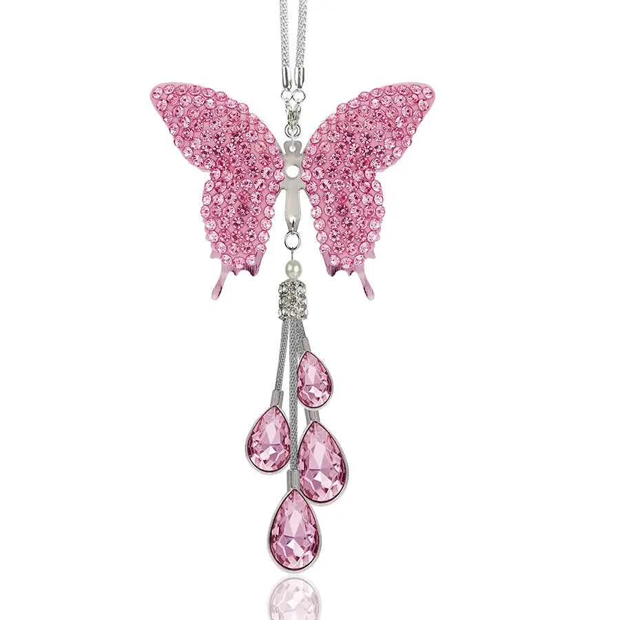 Bling Crystal Butterfly Car Charm, Rhinestone & Pearl Rearview Mirror Pendant, Cute Girly Car Hanging Decoration