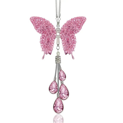 Bling Crystal Butterfly Car Charm, Rhinestone & Pearl Rearview Mirror Pendant, Cute Girly Car Hanging Decoration