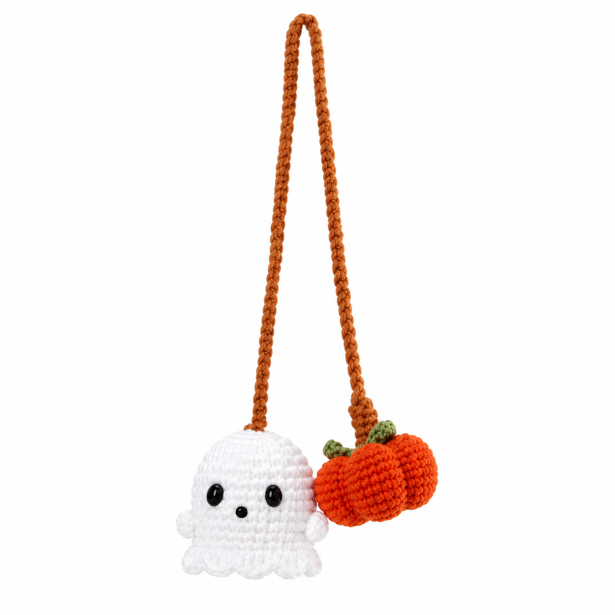 Crochet Ghost & Pumpkin Rearview Mirror Charm, Handmade Cute Halloween Car Ornament, Spooky Fall Decoration