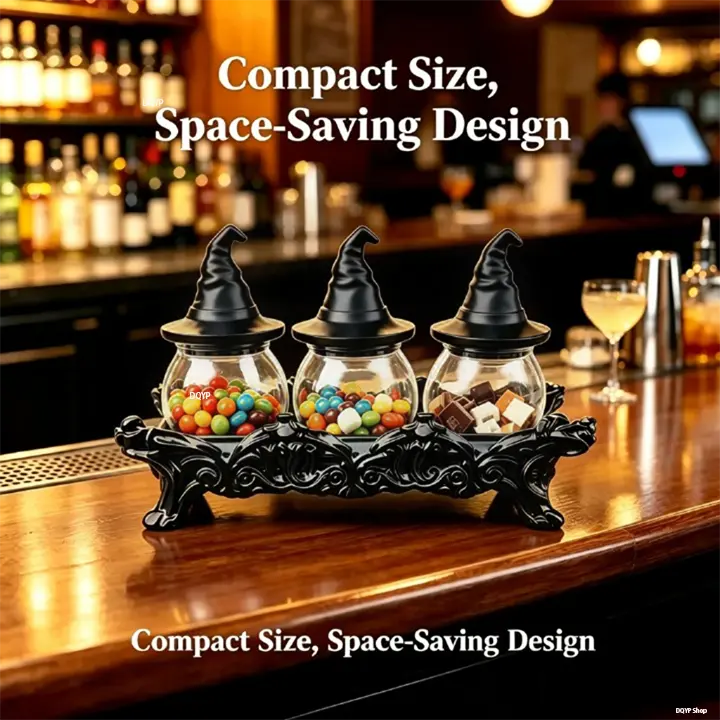 Witch Hat Spice Jar Set of 3 with Gothic Stand, Glass Seasoning Jars for Spices & Herbs, Halloween Kitchen Decor & Unique Gift