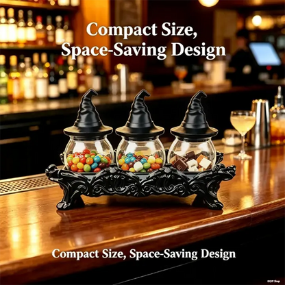 Witch Hat Spice Jar Set of 3 with Gothic Stand, Glass Seasoning Jars for Spices & Herbs, Halloween Kitchen Decor & Unique Gift