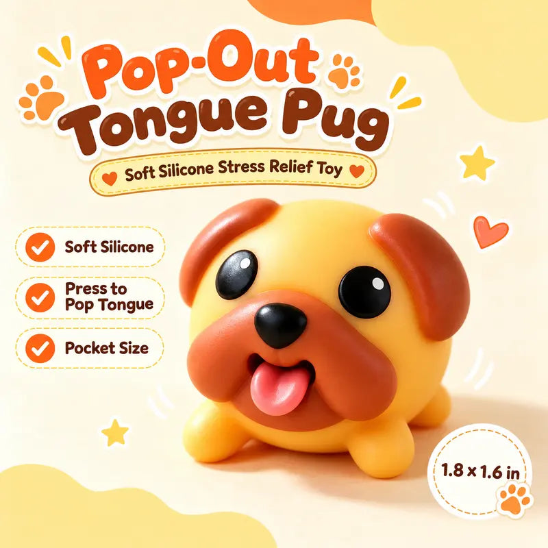 Funny Tongue Popping Pug Toy, Cute Squeeze Dog Fidget Toy, Soft Silicone Stress Relief Gadget, Novelty Desk Toy & Gift