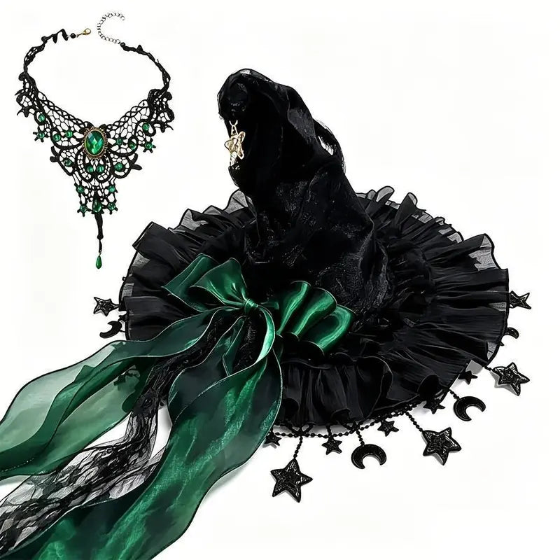 2-Piece Gothic Witch Hat & Moon Star Necklace Set – Starry Tulle Halloween Party Accessories